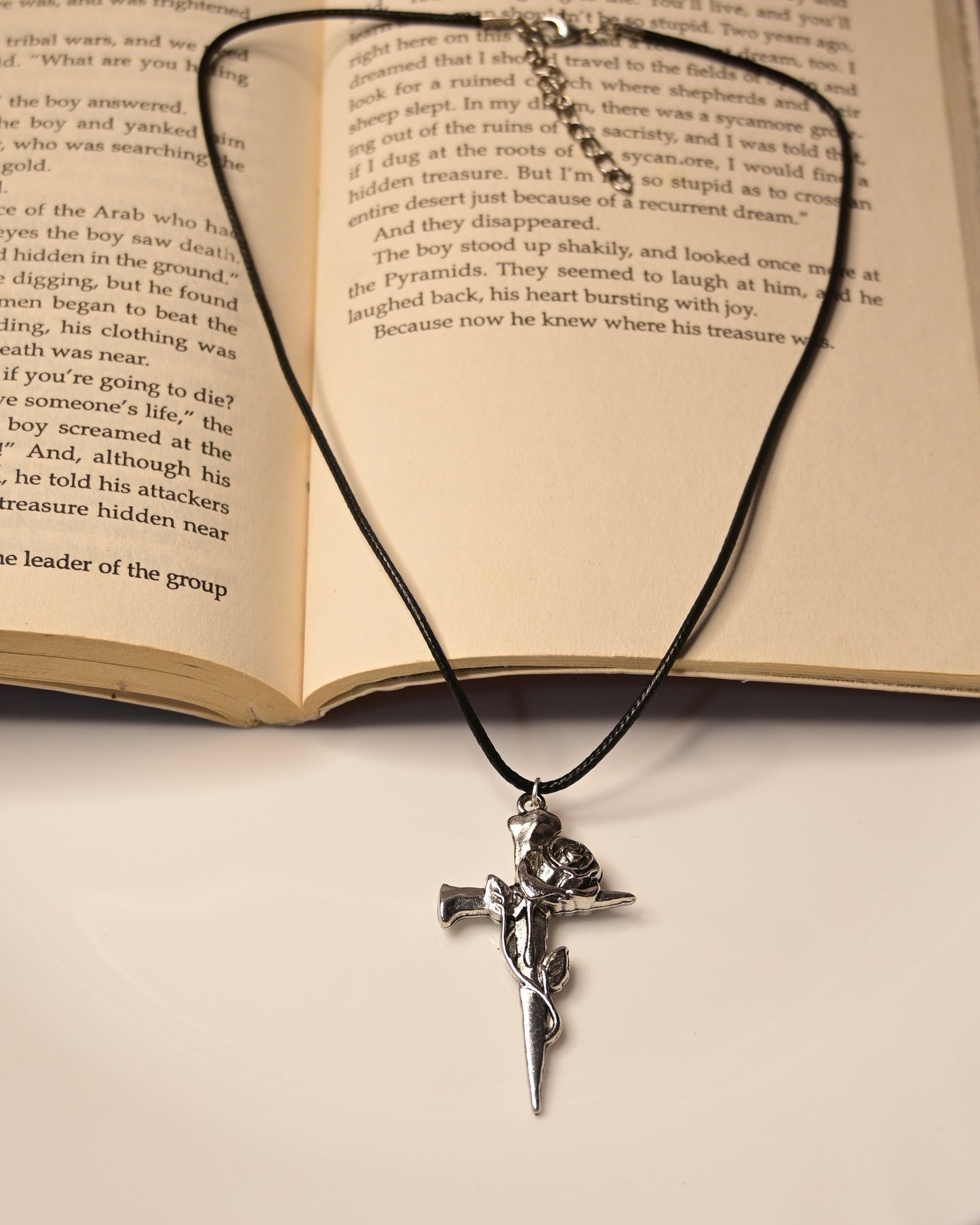 Cross Rose Leather Cord Necklace 2