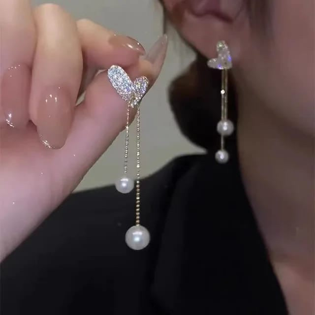 Crystal Heart Pearl Drop Earrings