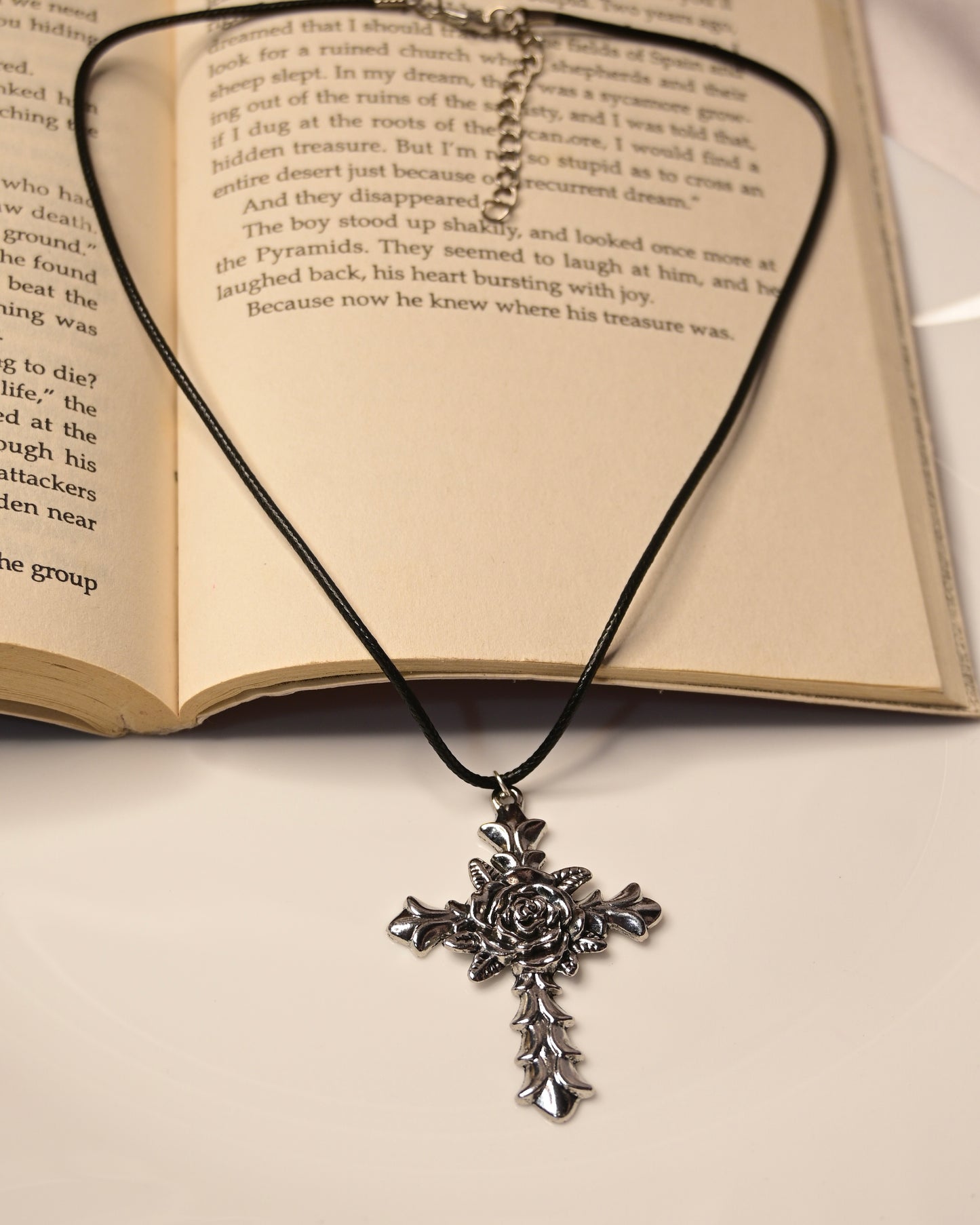 Cross Rose Leather Cord Necklace