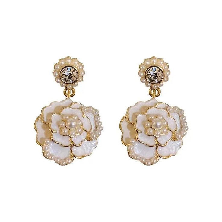 White Rose Pearl Earrings