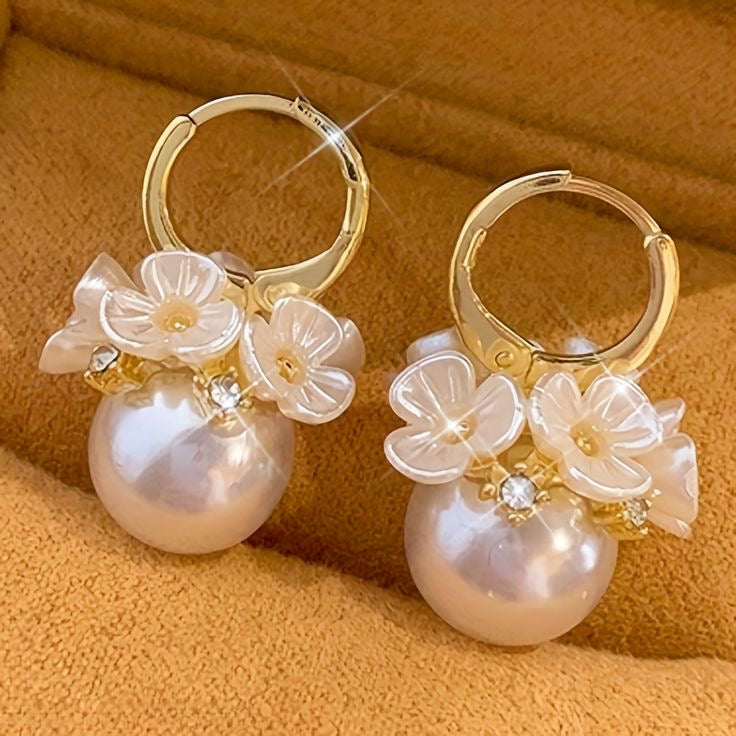 White Flower and Pearl Earrings