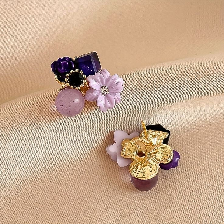 Purple Crystal Flower Stud Earrings