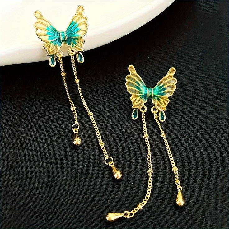 Green Tassel Butterfly Earrings