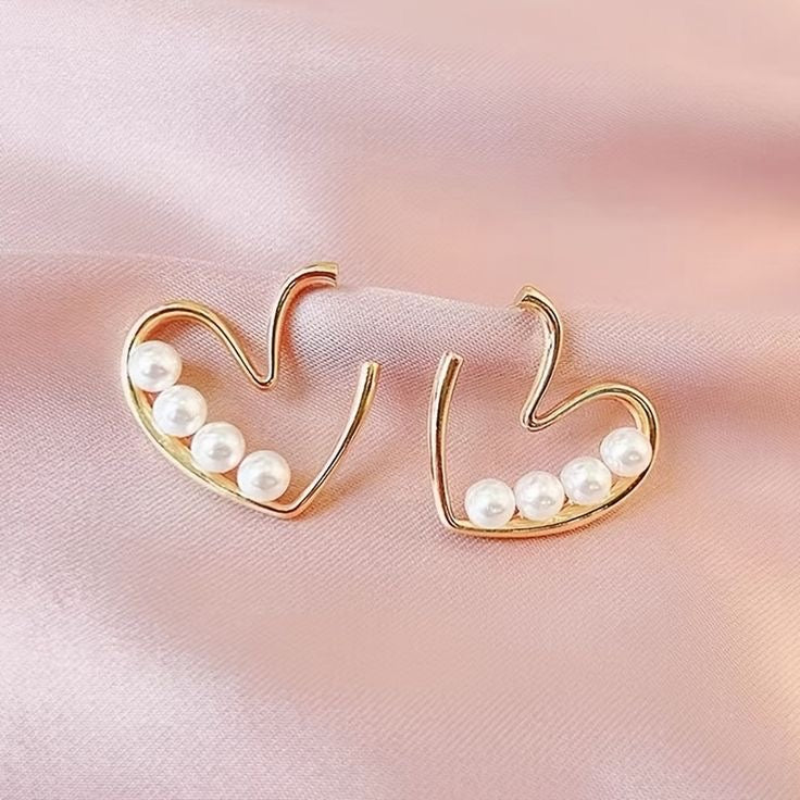 Golden Heart Pearl Stud Earrings