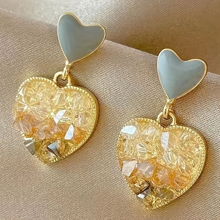 Golden Crystal Heart Earrings