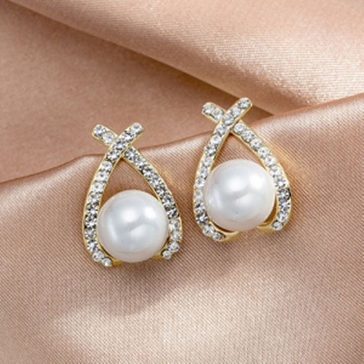 Cross Pearl Stone Stud Earrings