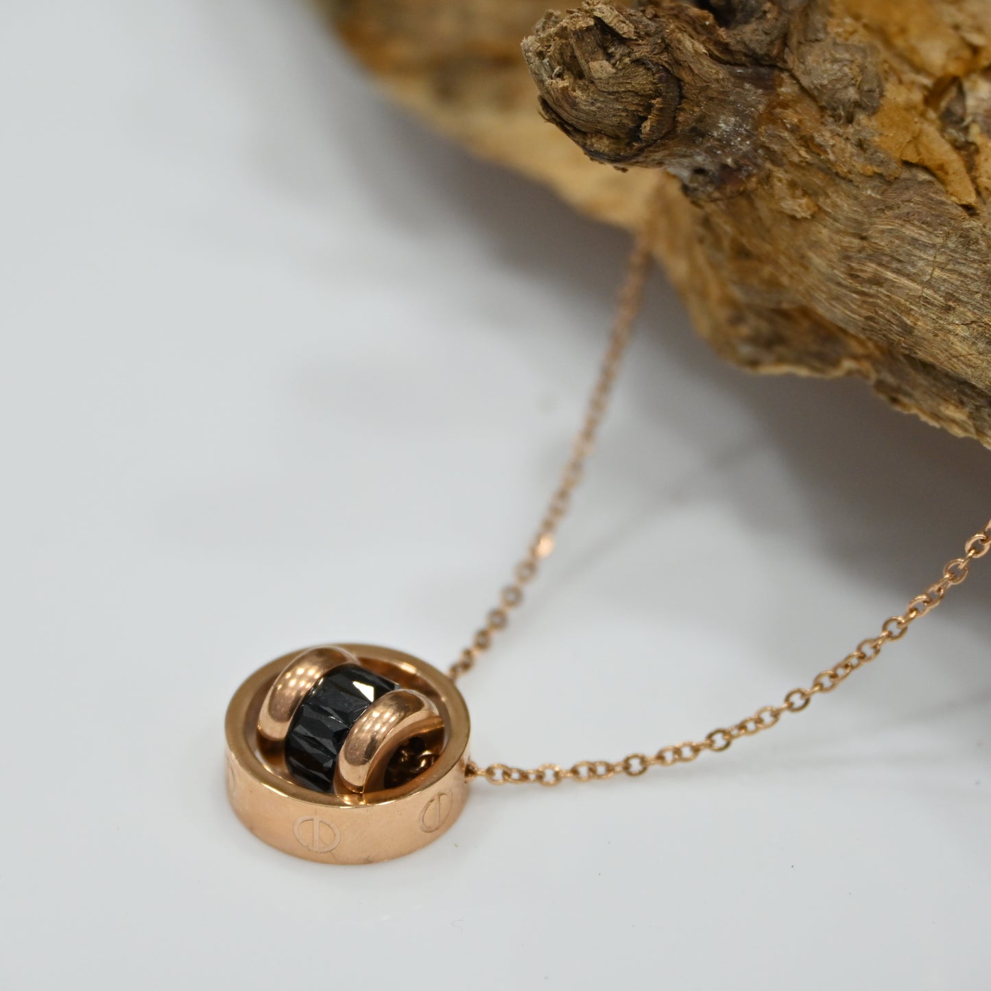 Anti Tarnish Rose Gold Chain Black Cylindrical Pendant