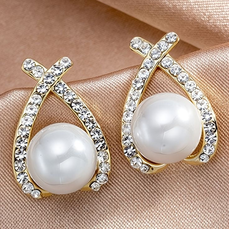 Cross Pearl Stone Stud Earrings