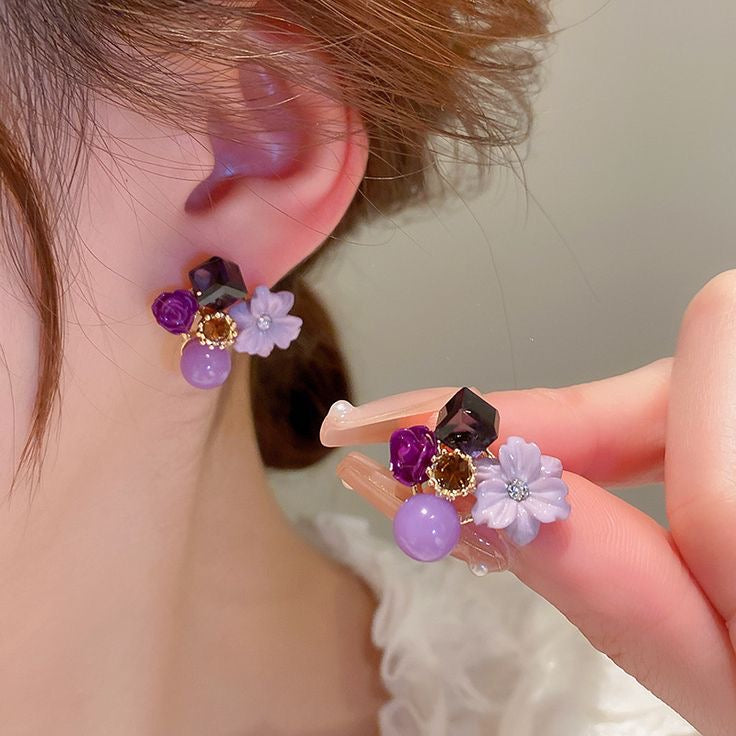 Purple Crystal Flower Stud Earrings