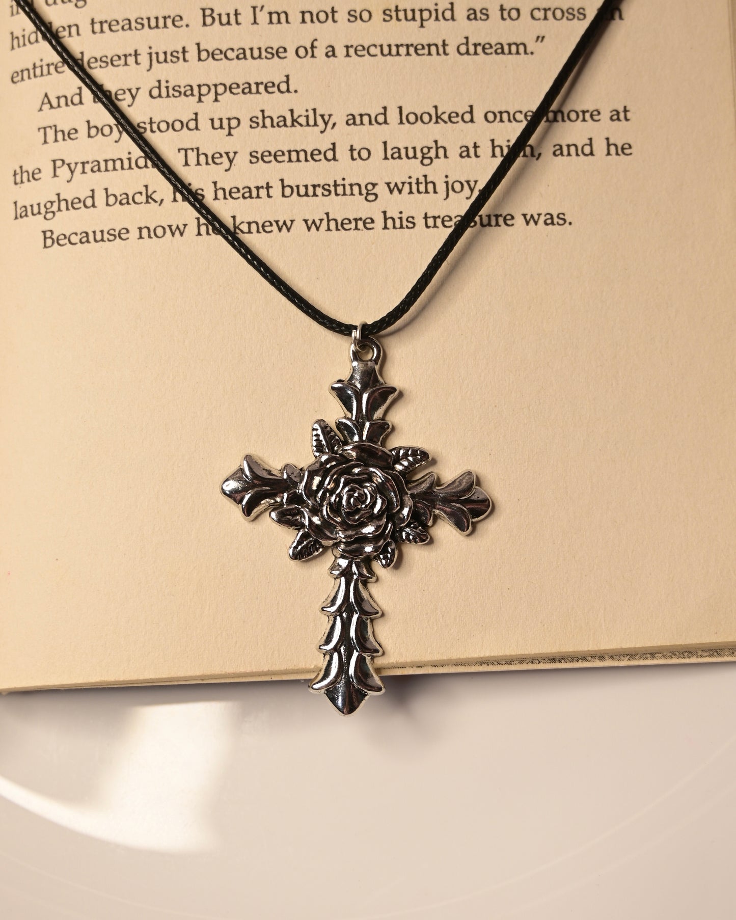 Cross Rose Leather Cord Necklace