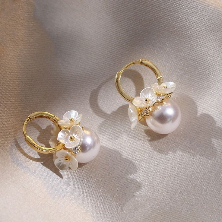 White Flower and Pearl Earrings