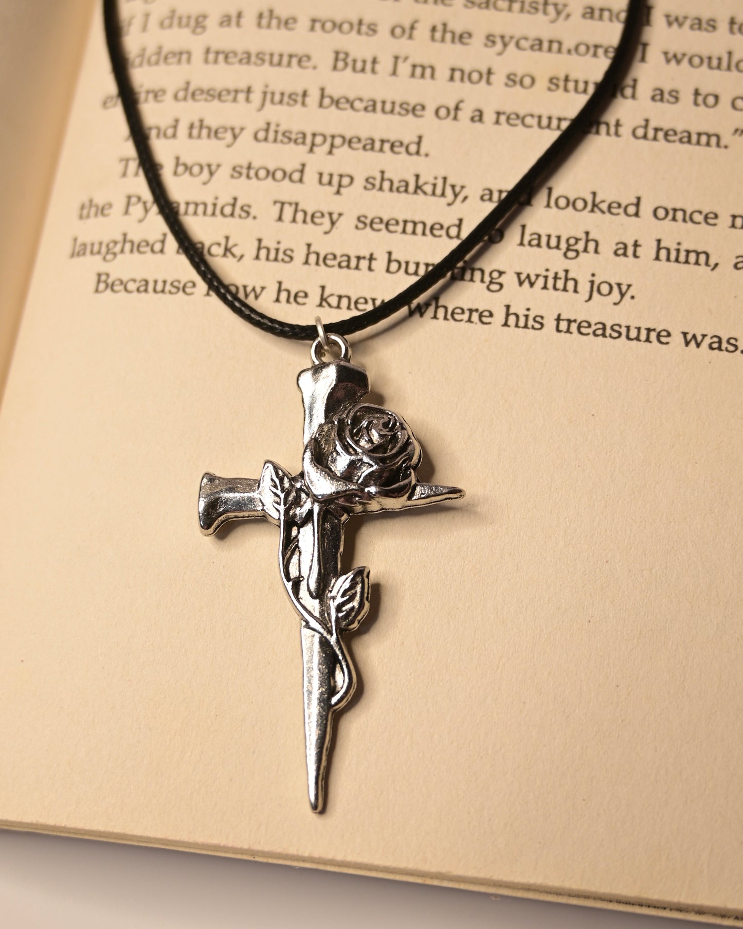 Cross Rose Leather Cord Necklace 2