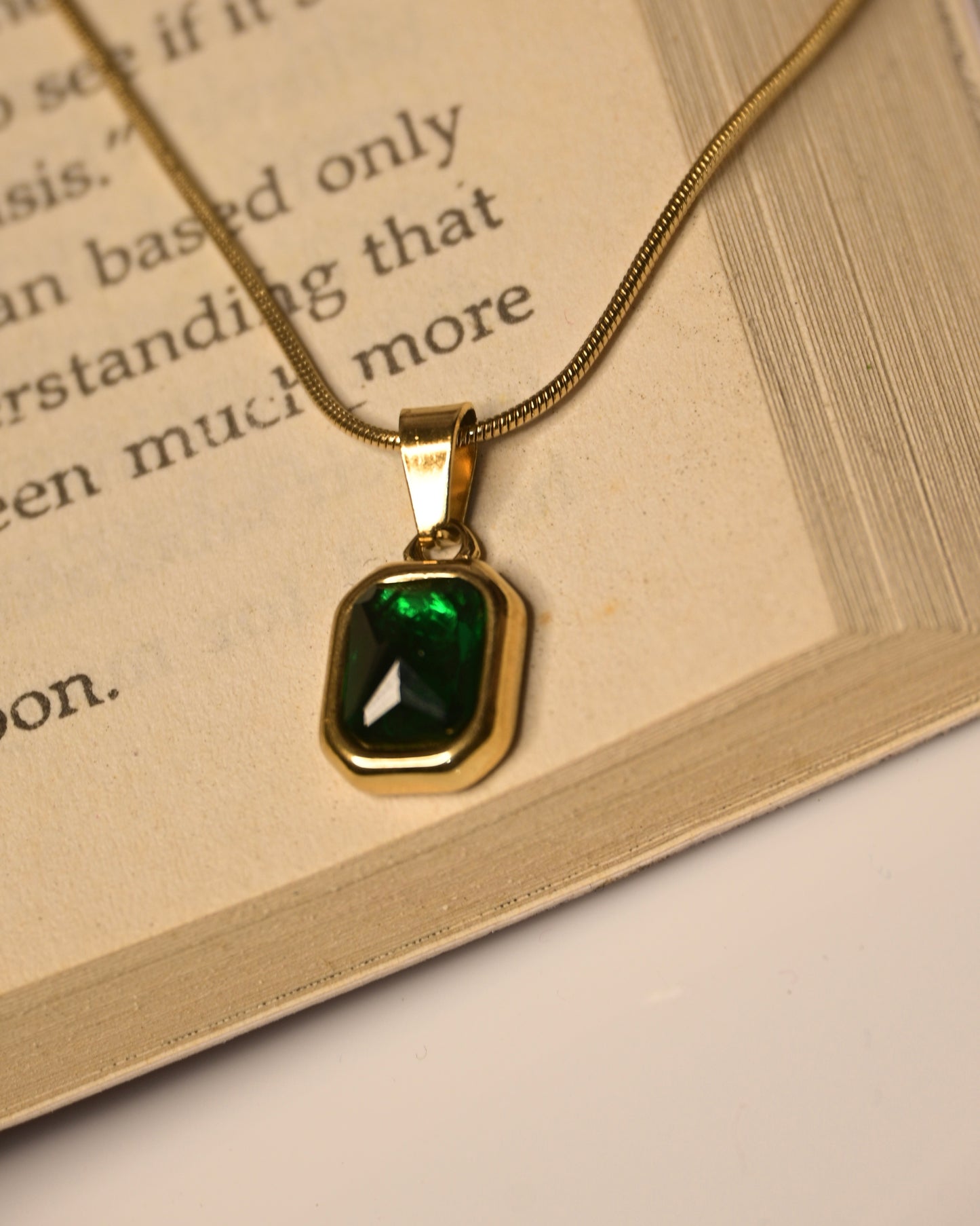 Rectangle Green Stone Anti Tarnish Necklace