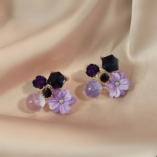 Purple Crystal Flower Stud Earrings