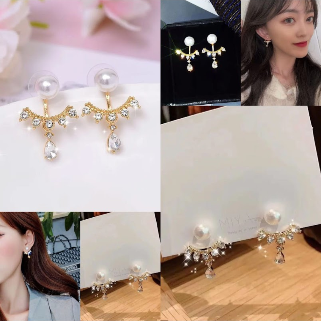 Korean Crystal And Pearl Earrings