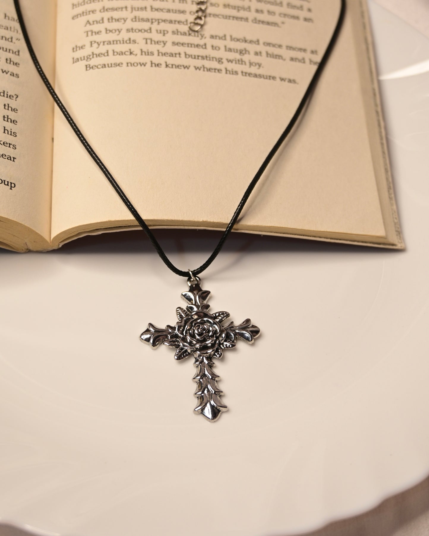 Cross Rose Leather Cord Necklace
