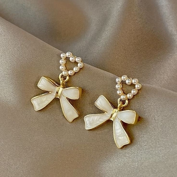 Bow Pearl Heart Earrings