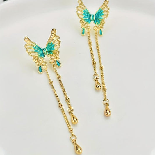 Green Tassel Butterfly Earrings