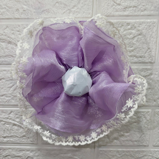 Lavender Sheer Organza White Lace Jumbo Scrunchie