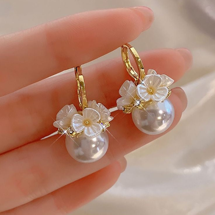 White Flower and Pearl Earrings