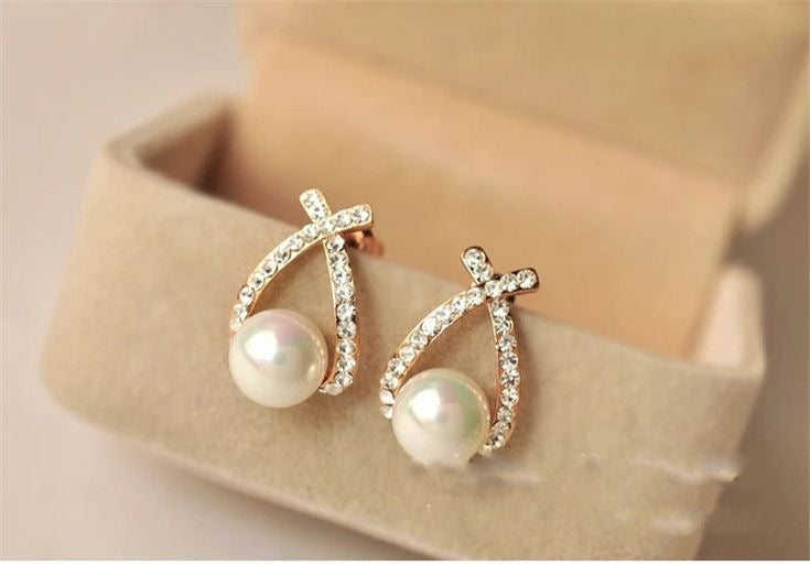 Cross Pearl Stone Stud Earrings