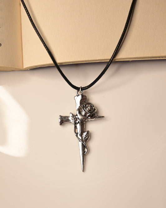 Cross Rose Leather Cord Necklace 2