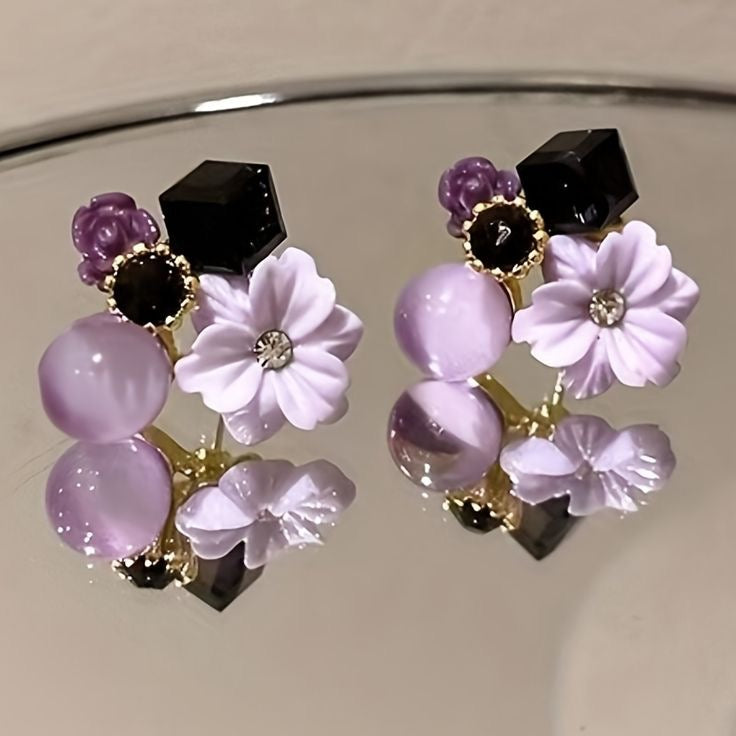 Purple Crystal Flower Stud Earrings