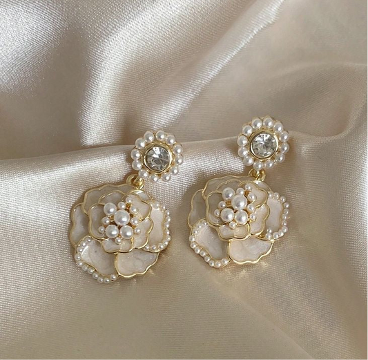 White Rose Pearl Earrings