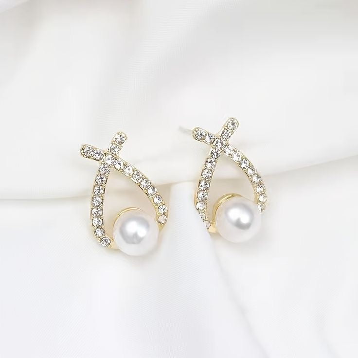 Cross Pearl Stone Stud Earrings