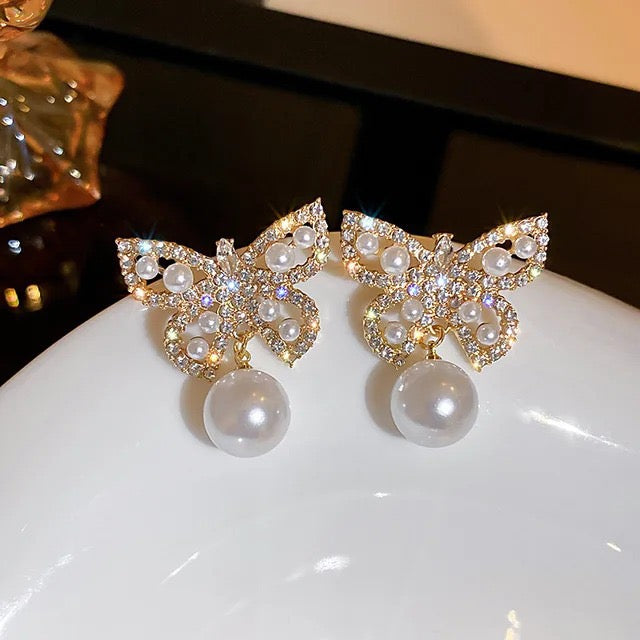 Crystal Pearl Butterfly Earrings