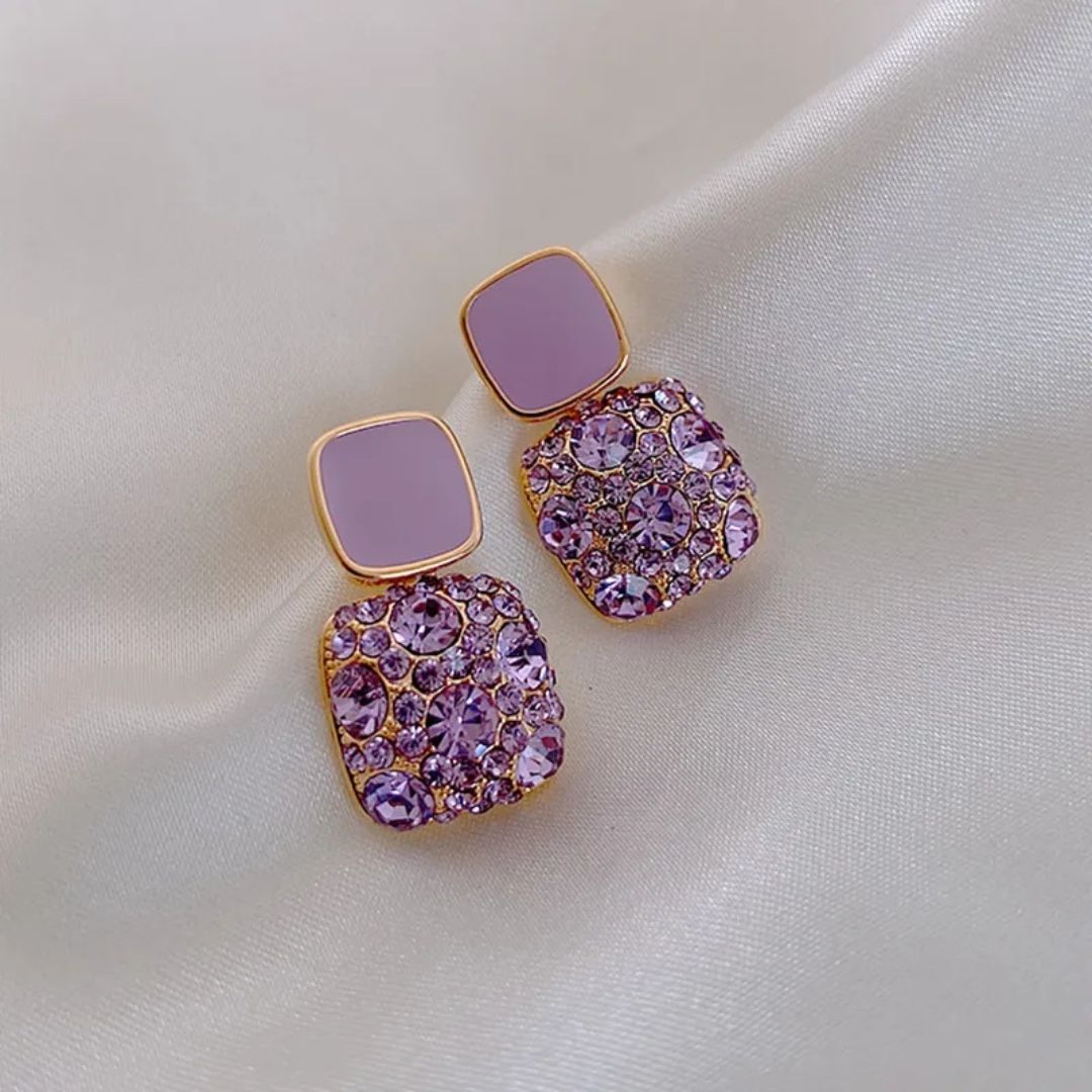 Purple Double Square Studded Drop Earrings