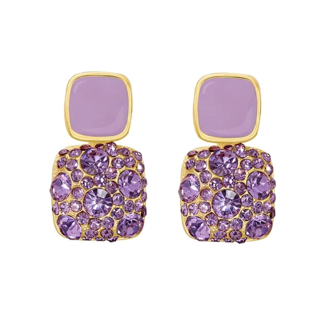 Purple Double Square Studded Drop Earrings