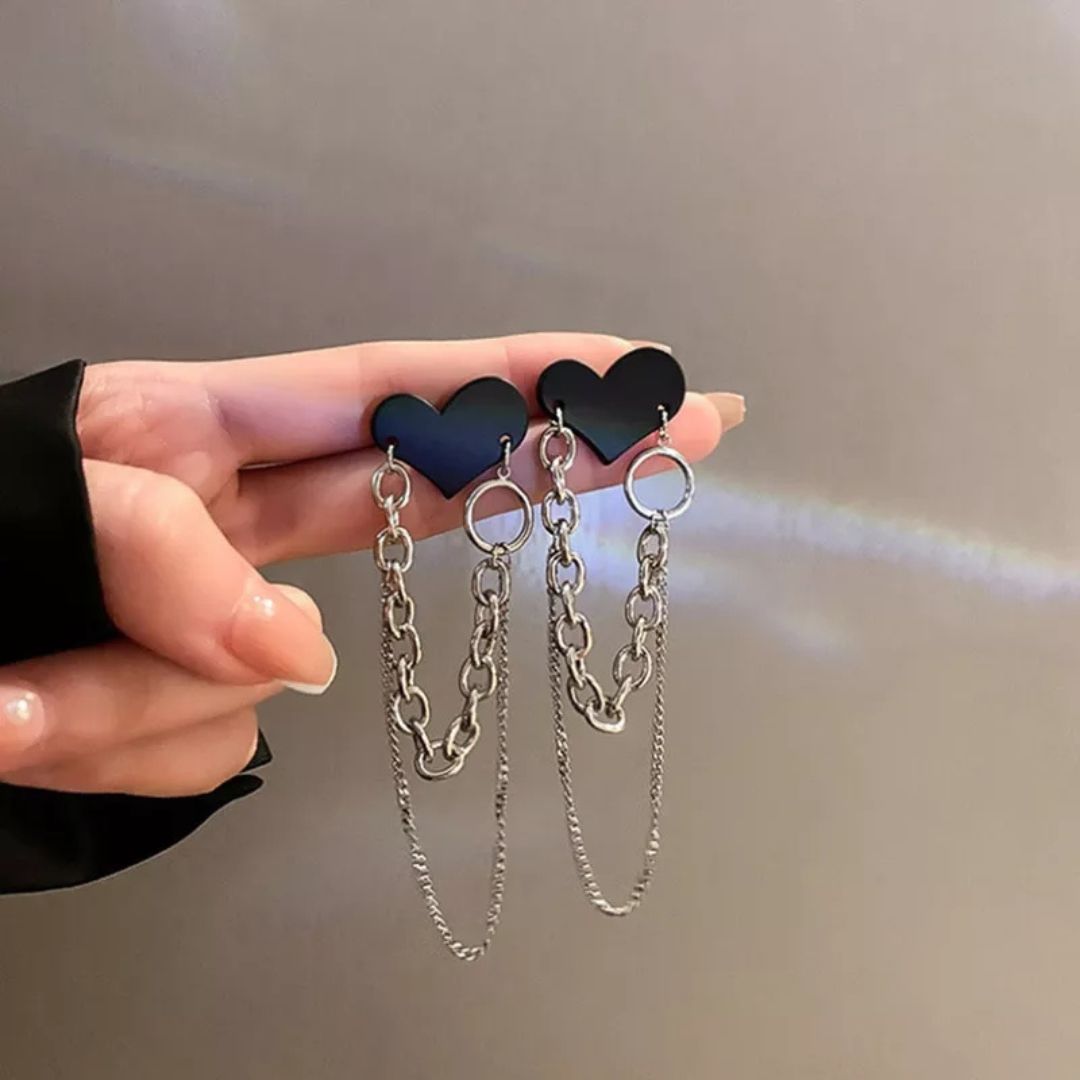 Punk Black Heart Silver Chain Earrings