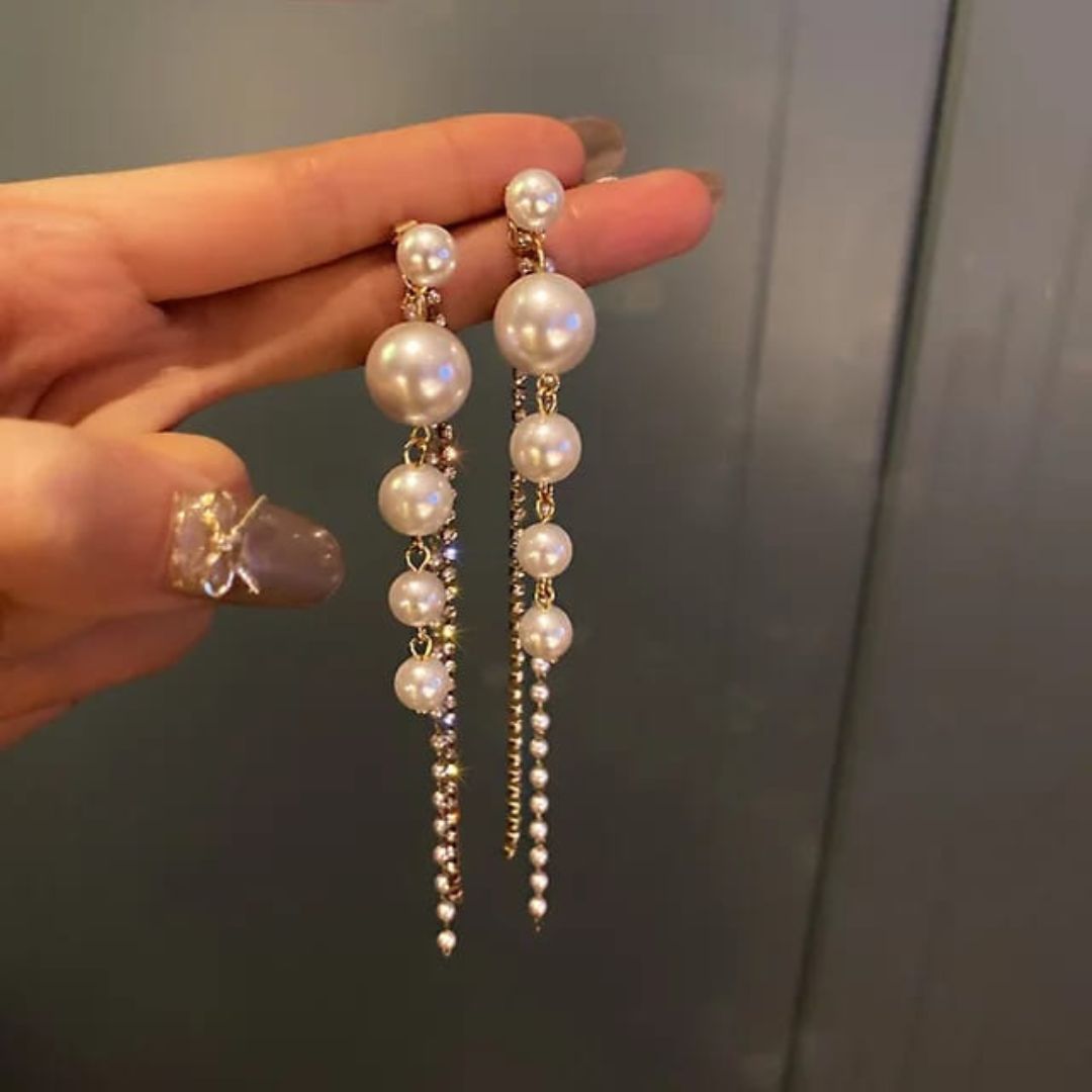 Korean Long Pearl & Zircon Earrings