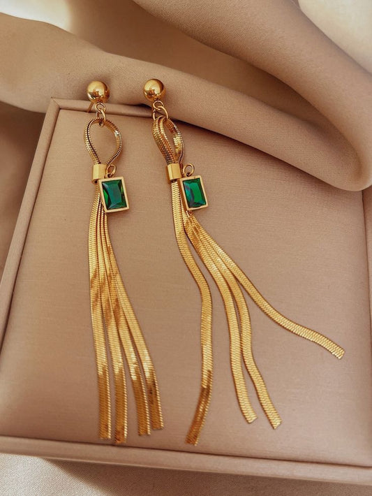 Emerald and Chain Tassel Earrings