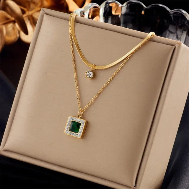 Cubic Emerald Double Layer Necklace