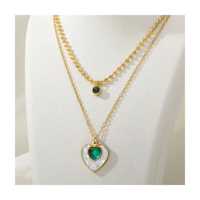 Emerald and Mop Heart Double Layer Necklace